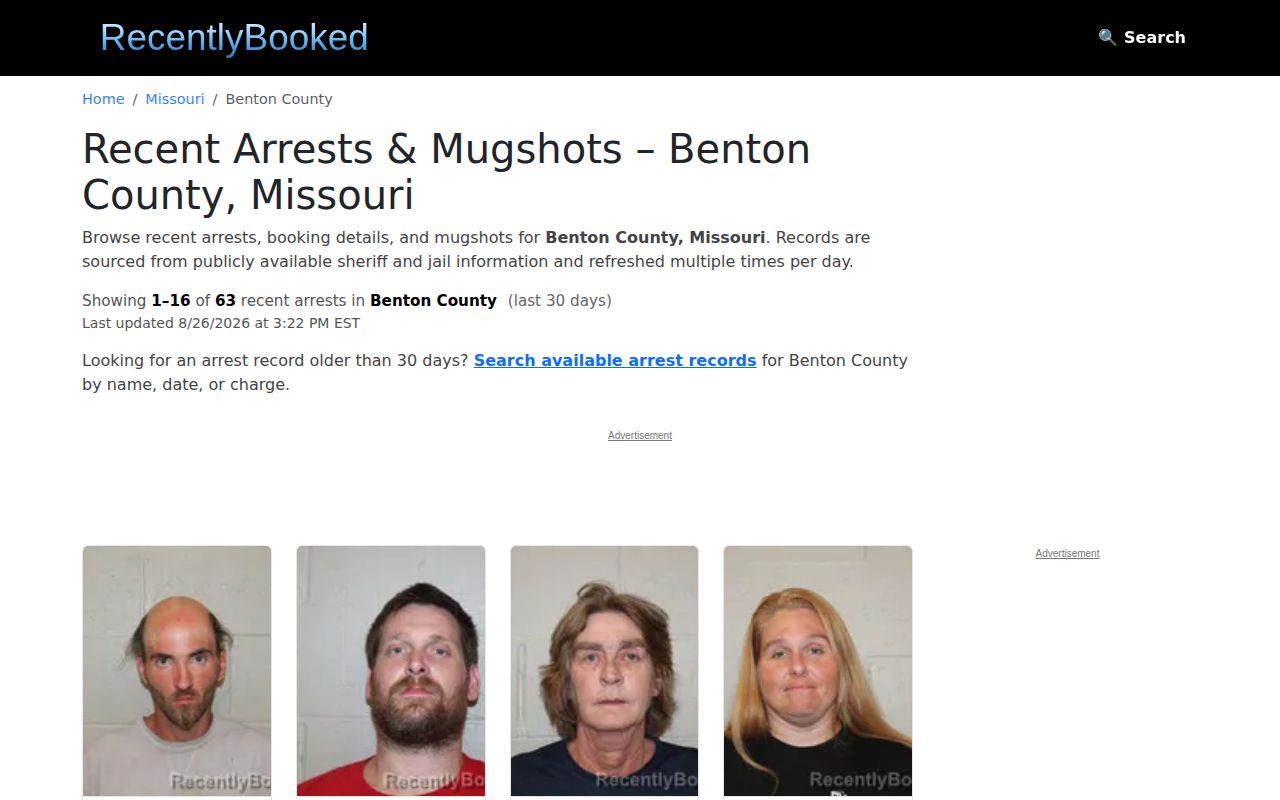 RecentlyBooked Benton County interface, an unofficial arrest record index