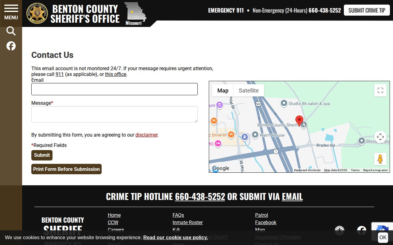 Benton County Sheriff warrant-tip and custody contact page