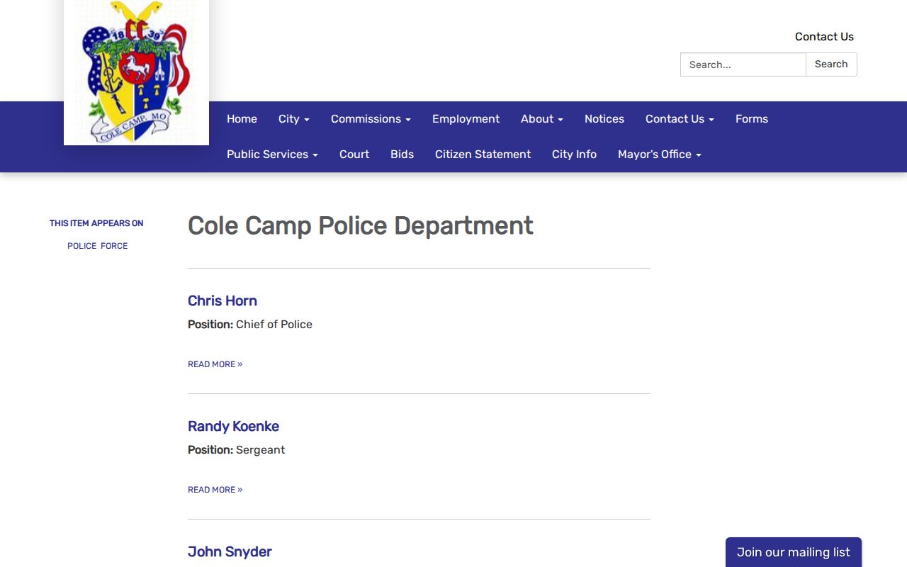 Benton County Cole Camp Police Department arrest-record contact page