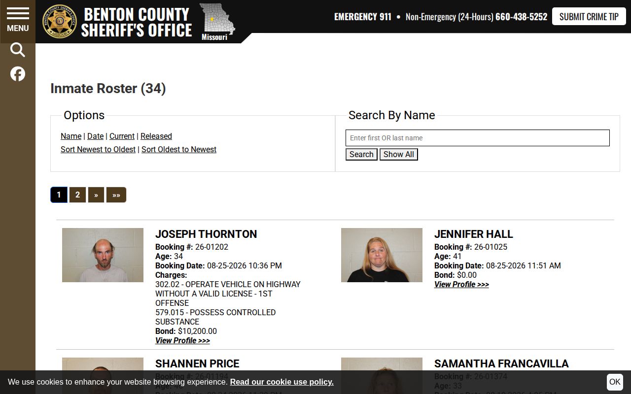 Benton County current roster booking-time view