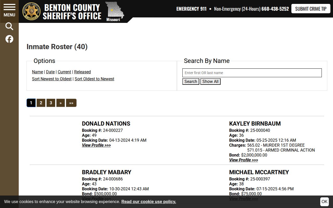 Benton County official roster search and booking record interface